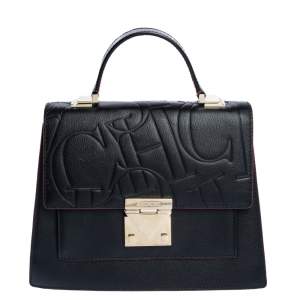 Carolina Herrera Black Embossed Leather Top Handle Bag