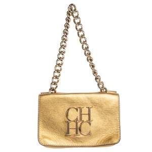 Pre Owned Carolina Herrera Metallic Gold Leather Flap Chain Bag