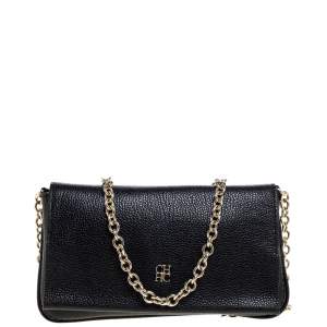 Pre Owned Carolina Herrera Black Leather Chain Flap Shoulder Bag