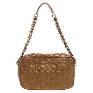 Pre Owned Carolina Herrera Bronze Leather Monogram Camera Bag