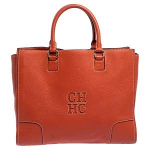 Pre Owned Carolina Herrera Orange Leather Shopper Tote