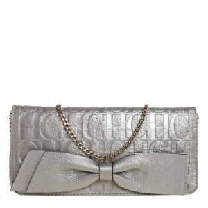 Pre Owned Carolina Herrera Silver Monogram Leather Bow Chain Clutch