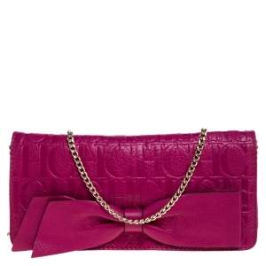 Pre Owned Carolina Herrera Dark Pink Monogram Leather Bow Chain Clutch
