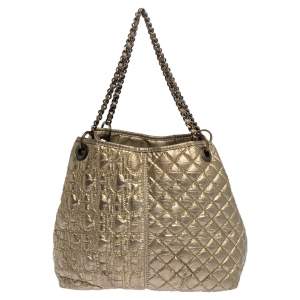 Pre Owned Carolina Herrera Metallic Gold Quilted Signature Leather Chain Tote