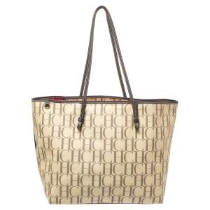 Pre Owned Carolina Herrera Beige/Brown Monogram PVC and Leather Shopper Tote