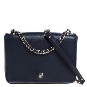 Pre Owned Carolina Herrera Navy Blue Leather  Flap Shoulder Bag