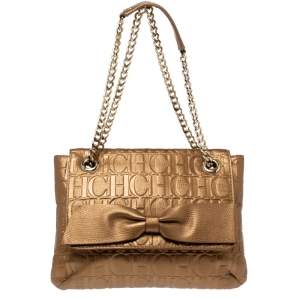 Pre Owned Carolina Herrera Metallic Bronze Monogram Leather Audrey Shoulder Bag