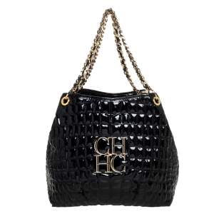 Pre Owned Carolina Herrera Black Croc Embossed Patent Leather Tote