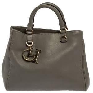 Pre Owned Carolina Herrera Grey Leather Charm Tote