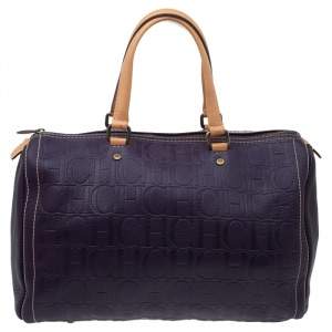 Pre Owned Carolina Herrera Dark Purple/Tan Monogram Leather Large Andy Boston Bag