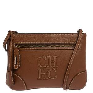 Pre Owned Carolina Herrera Brown Leather Logo CH Crossbody Bag