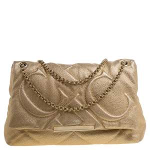 Pre Owned Carolina Herrera Gold Embossed Leather Metal Flap Shoulder Bag