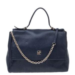 Carolina Herrera Navy Blue Leather Minuetto Flap Top Handle Bag