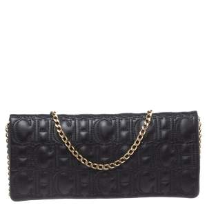 Pre Owned Carolina Herrera Black Monogram Leather Jerry Chain Clutch 