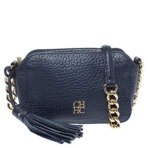 Pre Owned Carolina Herrera Navy Blue Leather Mini Crossbody Bag