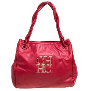Pre Owned Carolina Herrera Red CH Logo Braided Handle Shoulder Bag