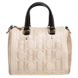 Pre Owned Carolina Herrera Beige/Brown Monogram Leather Mini Andy Boston Bag