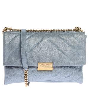 Pre Owned Carolina Herrera Metallic Blue Leather Flap Shoulder Bag