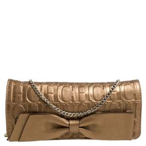 Pre Owned Carolina Herrera Gold Monogram Embossed Leather Bow Shoulder Bag