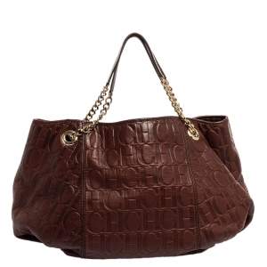 Pre Owned Carolina Herrera Brown Monogram Leather Chain Hobo