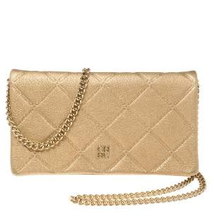 Pre Owned Carolina Herrera Gold Quilted Embossed Leather Flap Chain Clutch