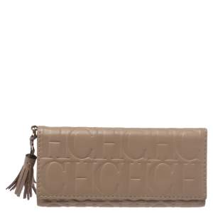 Pre Owned Carolina Herrera Beige Leather Tassel Continental Trifold Wallet