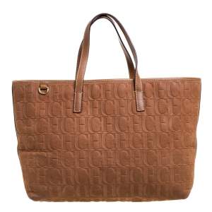 Pre Owned Carolina Herrera Brown Monogram Embossed Leather Shopper Tote