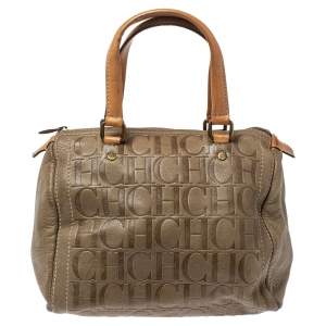 Pre Owned Carolina Herrera Olive Green/Beige Monogram Leather Andy Boston Bag