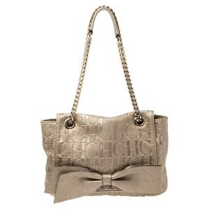 Pre Owned Carolina Herrera Light Gold Monogram Leather Audrey Shoulder Bag