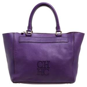 Pre Owned Carolina Herrera Purple Leather Top Zip Tote