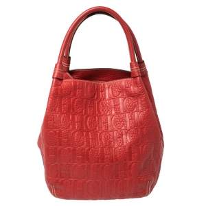 Pre Owned Carolina Herrera Red Monogram Leather Hobo