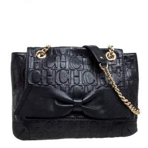 Pre Owned Carolina Herrera Black Monogram Leather Audrey Shoulder Bag