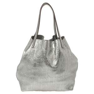Pre Owned Carolina Herrera Metallic Silver Monogram Leather Matryoshka Tote