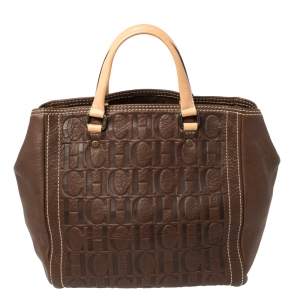 Pre Owned Carolina Herrera Dark Brown Monogram Embossed Leather Tote