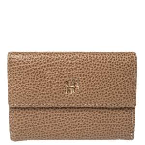 Pre Owned Carolina Herrera Beige Leather Card Holder Wallet