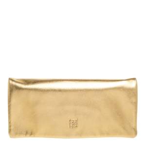 Pre Owned Carolina Herrera Gold Leather Flap Logo Clutch