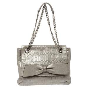 Pre Owned Carolina Herrera Silver Embossed Leather Audrey Shoulder Bag