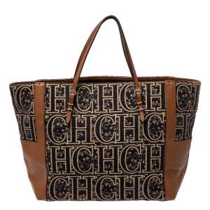 Pre Owned Carolina Herrera Black/Brown Signature Velvet and Leather Tote