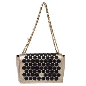 Pre Owned Carolina Herrera Light Gold Floral Embroidered Leather Flap Chain Shoulder Bag