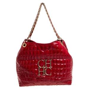 Pre Owned Carolina Herrera Red Croc Embossed Patent Leather Logo Chain Shoulder Bag