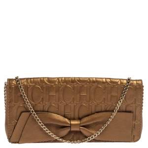 Pre Owned Carolina Herrera Gold Monogram Embossed Leather Bow Chain Clutch