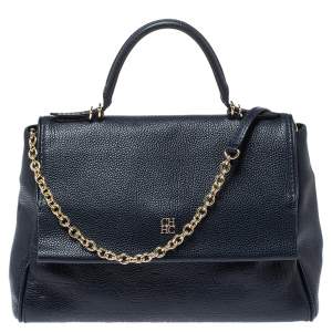 Carolina Herrera Navy Blue  Monogram Embossed Leather Minuetto Flap Top Handle Bag