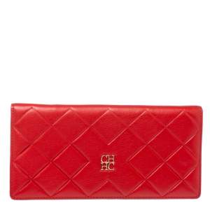 Pre Owned Carolina Herrera Preppy Red Quilted Leather Flap Wallet