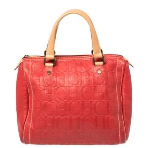 Pre Owned Carolina Herrera Red Monogram Leather Andy Boston Bag           