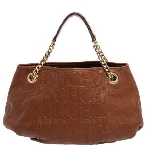 Pre Owned Carolina Herrera Brown Monogram Leather Poppy Hobo