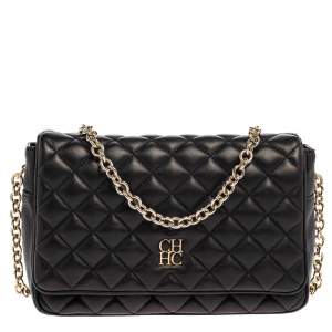 Pre Owned Carolina Herrera Black Quilted Leather Flap Chain Shoulder Bag