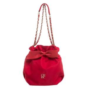 Pre Owned Carolina Herrera Red Nylon and Leather Bow Drawstring Hobo