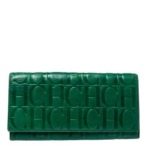 Pre Owned Carolina Herrera Green Monogram Leather Oversize Continental Wallet