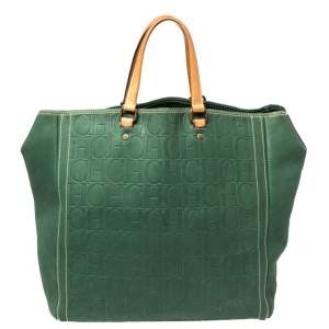 Pre Owned Carolina Herrera Green/Beige Embossed Leather Andy Tote