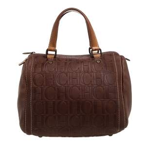 Pre Owned Carolina Herrera Brown Leather Monogram Embossed Andy Boston Bag